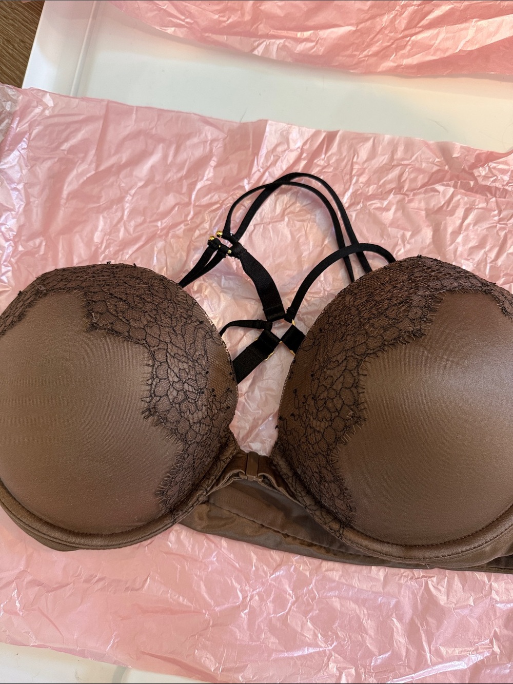Victoria's Secret Very Sexy Brown Lace Trim Push-Up w/Black Strappy 36C